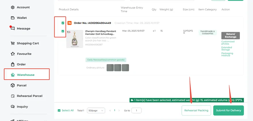 ACbuy warehouse page with stored items and QC