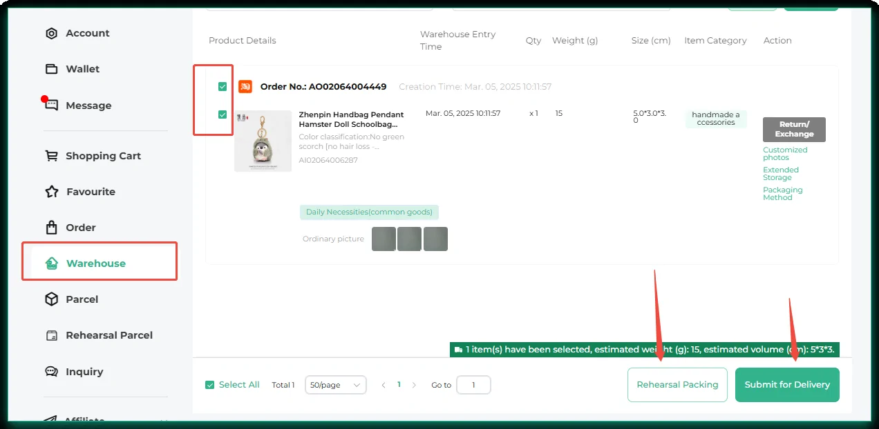 Página del almacén ACbuy con Enviar para entrega y Rehearsal Packing