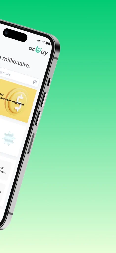 ACbuy mobile search bar plus Notice section with affiliate program details