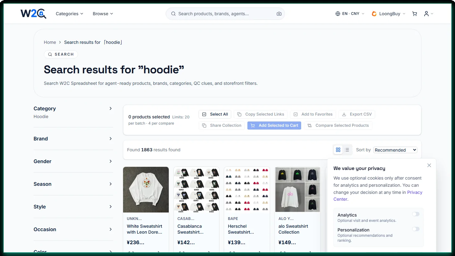 Resultados de búsqueda de sudaderas con capucha en el W2C Spreadsheet con filtros de categoría