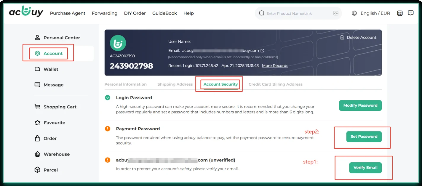 Página de seguridad de cuenta ACbuy con verificación de correo y contraseña de pago